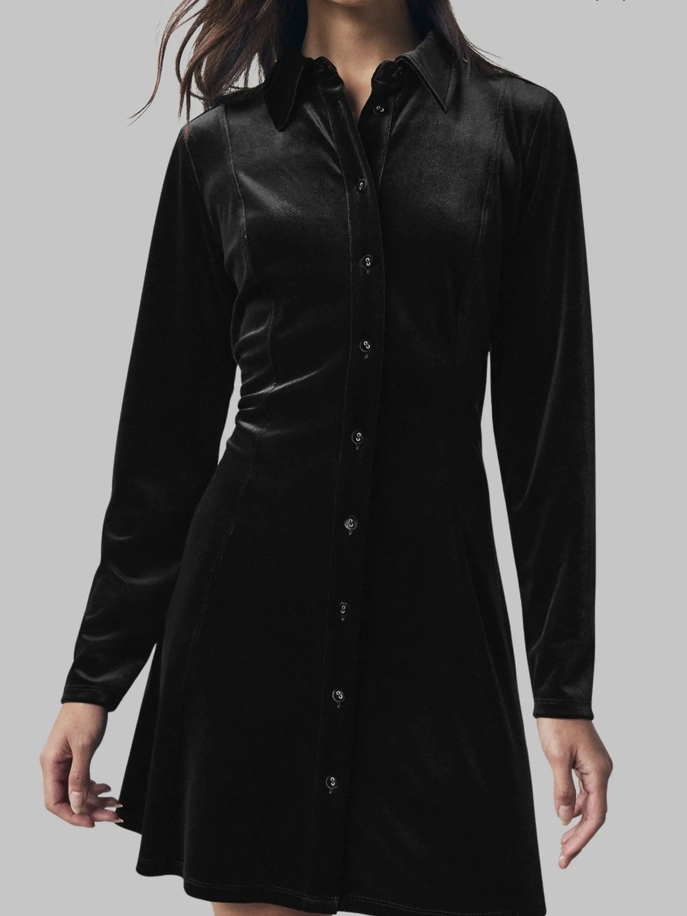 Black Velvet Shirt Dress - Women's Long Sleeve Button-Front